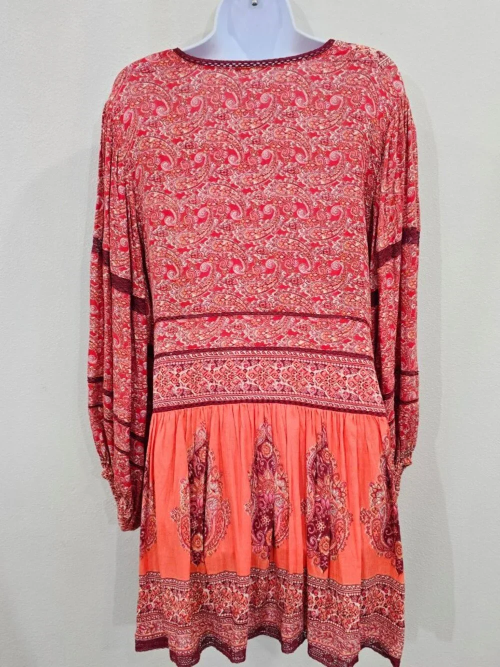 Free People ✦ Paisley Babydoll Tunic Dress ✦ Red Orange Oversized Boho Festival - Picture 3 of 13